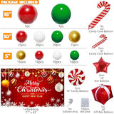 Christmas Balloon Arch Kit, 163PCS Christmas Party Decorations with Large Backdrop for Photography, Red Green Gold, Candy Cane, Red Star, Gift Box Foil Balloons for Party Decor