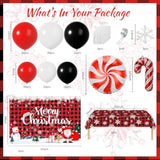 Plaid Christmas Balloons Garland Arch Kit With Merry Christmas Backdrop, Snowflake Tablecloth, Red White Balck Balloons, Xmas Decor Cane Foil Balloon For Christma Baby Shower Birthday Party