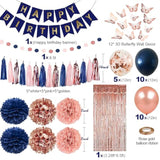 Rose Gold And Navy Blue Birthday Party Decorations With Happy Birthday Banner, Curtains, Butterfly Wall, Circle Dots Garland, Tissue Pompoms, Paper Tassels For Her