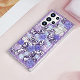 For Galaxy S23 Ultra Bling Case With Strap, Luxury Glitter Rhinestone Diamond Crystal Sparkle Rose Flower Pearl Floral Bracelets Soft Bumper Protective Case Cover For Women Girls Purple