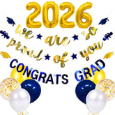 Navy Blue Gold 2026 Graduation Party Decorations Foil Balloon 2026 We Are So Proud Of You Congrats Grad Graduation Banner Blue Gold Cap Diploma Star Garland For Congratulations Party Decor Supplies