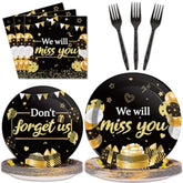 96Pcs We Will Miss You Party Paper Plates Napkins Farewell Party Decoration Going Away Party Disposable Dinner Tableware Gold Black Goodbye Party Supplies Graduation Leaving Retirement Party 24 Guests