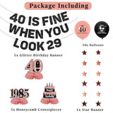 40Th Birthday Decorations Women, Rose Gold 40 Is Fine When You Look 29 Banner Balloons Honeycomb Centerpieces Kit, Pink 40Th Birthday Party Supplies For Her, 1985 Photo Backdrop Background