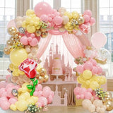 142Pcs Princess Balloon Garland Arch Kit, Pastel Pink Yellow Light Brown Metallic Gold Balloons With Red Rose Foil Balloon For Spring Beauty Birthday Baby Shower Cartoon Party Decorations