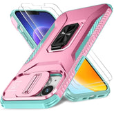 Case For Iphone 13/Iphone 14 6.1-Inch Slide Camera Cover+Screen Protector(2 Packs), Military Grade Shockproof Protective Cover, Rotated Ring Kickstand With Camera Protection (Pink+Celadon)