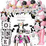 Holy Cow I'M One Birthday Decorations Girl - Farm Cow Theme First Birthday Party Supplies, Balloon Boxes, Backdrop, Banner, Balloon Arch, Highchair Banner