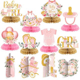 12PCS Pink Gold Baby Shower Decorations – Floral Honeycomb Table Centerpieces