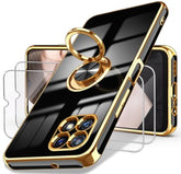 For T-Mobile Revvl 7 5G Case With 2X Screen Protector, 360° Rotatable Ring Holder Magnetic Kickstand,Plated Gold Edge Slim Soft Tpu Protective Cover For T-Mobile Revvl 7 Black