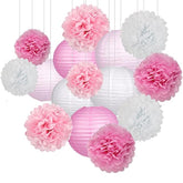 15Pcs Party Pack – Pink/White Paper Lanterns & Pom Pom Balls for Wedding, Birthday