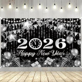 Black Silver Happy New Year Backdrop 6x3.6ft Gold Bokeh Balloons 2026