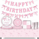 Pink Bow Party Supplies, Coquette Birthday Decorations With Bow Plates, Cups, Napkins, Tablecloth And Banner, Pink Birthday Decoration Serve 24, Bow Themed Tableware For Girls Bachelorette Party Decor