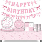Pink Bow Party Supplies, Coquette Birthday Decorations With Bow Plates, Cups, Napkins, Tablecloth And Banner, Pink Birthday Decoration Serve 24, Bow Themed Tableware For Girls Bachelorette Party Decor