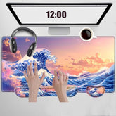 Gaming Mouse Pad With Wrist Support Japanese Sea Wave Desk Mat Large Mousepad And Keyborad Wrist Rest 31.5" X 15.75" Computer Mat Xxl Mouse Mat For Office Work