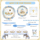 194 Pcs Mi Primera Comunion Baptism Party Decorations for Boy Blue First Holy Communion Party Supplies God Bless Disposable Tableware Set with Plates Napkins Cups Tablecloth Serves 24