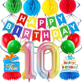 10Th Birthday Decorations For Girl Boy, Colorful 10 Year Old Happy Birthday Banner 10Th Birthday Table Centerpieces Hanging Swirl Streamers Balloons Honeycomb Ball Party Supplies Kit