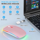 Led Bluetooth Wireless Mouse For Macbook Air Mac Pro Laptop Ipad Rechargeable Silent Light-Up Optical Mouse With Jiggler Dual Mode Bt5.2 & Usb-A/Usb-C For Students, Kids, Girls, Boys Rose Gold