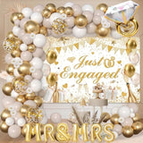 Engagement Party Decor White and Gold Balloon Arch with Just Engaged Backdrop