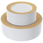 Gold Plastic Plates Set Of 102, Disposable Plates With Gold Grid Rim 51 Dinner Plates 10" And 51 Salad Dessert Appetizer Plates 7", Elegant Fancy Heavy Duty Wedding Party Plates