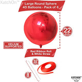 Big, 22 Inch Red Metallic Balloons - Pack Of 6 | Round Sphere, 360 Deg