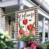 Spring Easter Tulip Welcome House Flag 28 X 40 Inch Double Sided Burlap Spring Flowers Floral Buffalo Plaid Large Yard Flag Summer Holiday Seasonal Outdoor Outside Decoration
