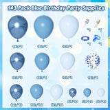 143Pcs Blue Balloons Arch Garland Kit, Different Size Metallic Blue Macaron Confetti Balloons For Boys Blue Birthday Baby Shower Wedding Ocean Themed Party Background Decorations Supplies
