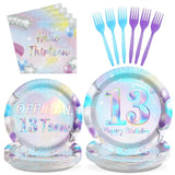96Pcs 13Th Birthday Decorations Iridescent 13Th Party Plates And Napkins Disposable 350Gsm Official Teen Birthday Tableware Set For Teen Girls Happy 13 Year Old Party Supplies, Serves 24