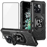 Case For Oneplus 10T 5G With Tempered Glass Screen Protector, Ring Kickstand For Magnetic Car Mount, Heavy Duty Shockproof Protective Hard Phone Cover - Black