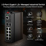 10 Port Gigabit L2+ Managed Industrial Din-Rail Switch, 8 Gigabit Ethernet Ports, 2 Gigabit Sfp, Vlan|Route|Ring|Acl|Qos Web/Console Managed