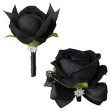 Black Rose Wrist Corsage And Boutonniere Set Rose Corsage Wristlet For Wedding Prom Party Homecoming Decoration Set Of 2 (Black)