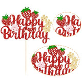1Pc Strawberry Happy Birthday Cake Topper Red Glitter Flower Fruit Theme Birthday Berrry Cake Pick Decorations For Strawberry Theme Baby Shower Kids Birthday Party Cake Decorations Supplies