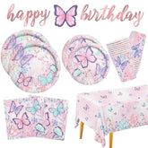 Butterfly Birthday Party Supplies Disposable Paper Plates Napkins Cups Tablecloth And Banner For Butterfly Girl Party Birthday Decorations, Serve 25