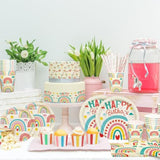 Retro Rainbow Themed Happy Birthday Party Supplies Set - Vibrant Disposable Paper Plates, Cups And Napkins - Fun & Colorful Design For Boys/Girls - For 16 Guests