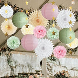 Sage Green And Pink Party Decorations Paper Lanterns Decorative Pink Gold Tissue Paper Pom Poms Sage Green Party Decorations Gold Star Garland For Baby Shower Bridal Shower Birthday Wedding Engagement
