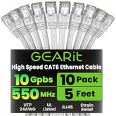 GearIT Cat 6 Ethernet Cable 5 ft (10-Pack) - Cat6 Patch Cable, Cat 6 Patch Cab