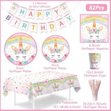 Unicorn Birthday Decorations For Girls - 82 Pcs Rainbow Unicorn Party Supplies Include Disposable Tableware, Tablecloths And Banners, Pink Floral Birthday Party Decor Serves 16