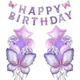 18pcs Purple Butterfly Balloons & Banner for Birthday Party Decorations