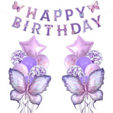 18Pcs Purple Butterfly Balloons And Happy Birthday Banners For Purple Butterfly Birthday Decorations