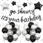 Black Go Sha It'S Your Birthday Banner Balloons Set, Glitter Happy Birthday Banner With Black Silver Confetti Balloon Star Foil Balloon For Man Women Hip Hop Rap Theme Birthday Party Decorations