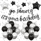 Black Go Sha It'S Your Birthday Banner Balloons Set, Glitter Happy Birthday Banner With Black Silver Confetti Balloon Star Foil Balloon For Man Women Hip Hop Rap Theme Birthday Party Decorations