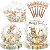 96 Pieces Easter Tableware Set – Bunny Egg Disposable Plates, Napkins and Forks with “Happy Easter” Spring Designs for Holiday Dinners, Parties, and Spring Celebrations – Serves 24