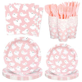 168Pcs Halloween Ghost Tableware Set Pink Boo Plates Napkins Cups Cutlery for 24 Guests