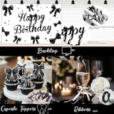 Black Bow Birthday Decorations – 110 Pcs Black Bow Themed Party Supplies With Backdrop, Tablecloth, Cake Topper, Banner, Cupcake Toppers, Ribbons, Balloon Garland