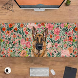Cute Dog Gaming Mouse Pad, Large Office Desktop Puppy Mousepad For Computer Laptop, Extended Work Desk Mat With Anti-Slip Base, Decorative Desk Pad 31.5×11.8 In (German Shepherd Floral)