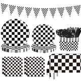 170 Pcs Race Car Birthday Party Decorations Black And White Checkered Plates And Napkins, Checkered Party Supplies Serves 24