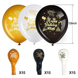 45PCS 12 Inch Happy Birthday Balloons Black Gold White Latex for Party Decorations