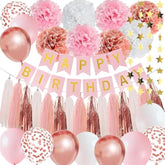 Pink Rose Gold Birthday Party Decorations Set, Rose Gold Glittery Happy Birthday Banner, Ballons Tissue Paper Pom, Star Garland And Tassel Garland For Party Decorations Girls Women