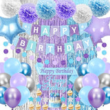Blue and Purple Birthday Decorations, 50PCS Winter Birthday Party Decorations with Blue Purple Silver Balloons Banner Sash Fringe Curtain, Winter Wonderland Decorations Party Supplies for Women Girls