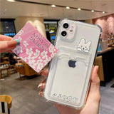 Compatible with iPhone 15 Pro Max Case, Cute Kawaii Cartoon Bunny Bear Clear Credit Card Slot Holder Wallet Transparent Corner Protection Soft Shockproof Cover Phone Case (Bunny)