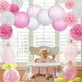 15Pcs Party Pack β Pink/White Paper Lanterns & Pom Pom Balls for Wedding, Birthday