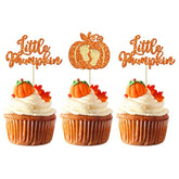 24Pc Little Pumpkin Cupcake Toppers - Glitter Pumpkin Cupcake Picks - Baby Shower Decorations - Fall Harvest Theme - Kids Birthday Party Supplies